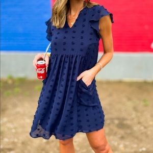 Navy Swiss Dot Flutter Dress- NWT